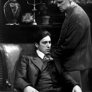 Affiche Cinéma, Le Parrain, The Godfather, Marlon Brando, Al Pacino, Vito Corleone, Michael Corleone, Famille, Mafia, Héritage, Noir et Blanc, Bureau, Luxe, Francis Ford Coppola, Duo Culte