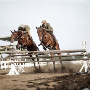 Duo de Saut (1925) : Affiche Équitation Vintage | Fuzars Photographie historique colorisée de 1925 montrant deux cavaliers et leurs chevaux franchissant simultanément un obstacle en bois lors d'un concours hippique.