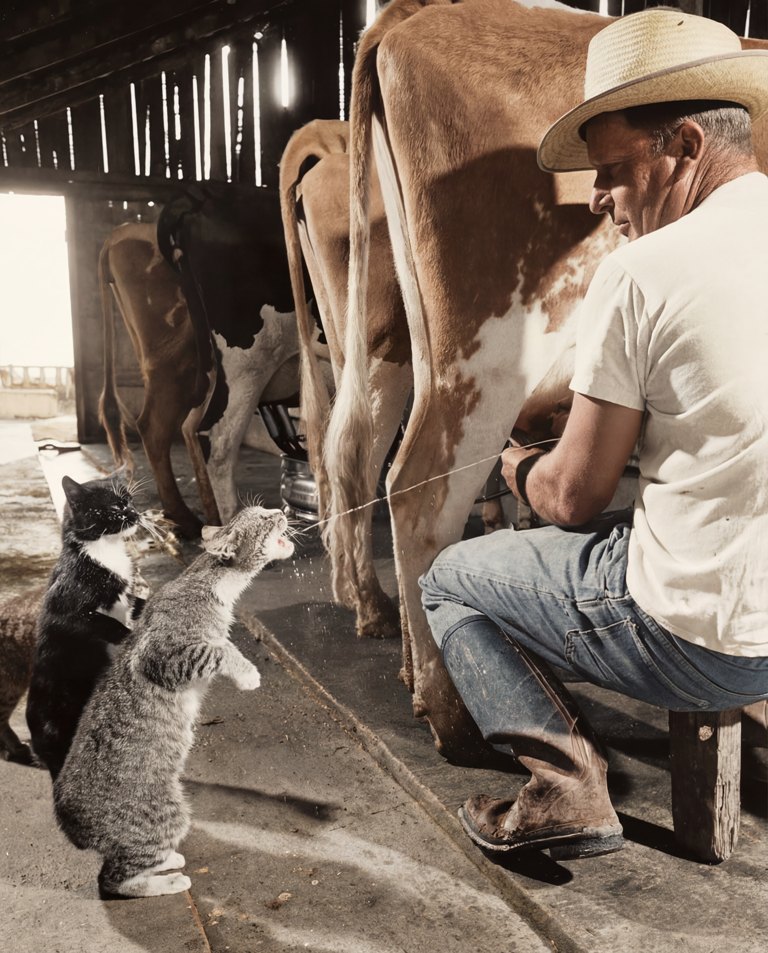 Photographie historique colorisée montrant un fermier trayant une vache et envoyant un jet de lait directement dans la gueule d'un chat dressé sur ses pattes arrière.