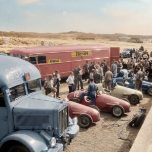 Photographie historique colorisée en vue plongée depuis une tribune, montrant quatre monoplaces de course de 1952 (dont une Ferrari rouge à l'arrière, une bleue, une grise et une verte) préparées par leurs mécaniciens dans la voie des stands, entourées d'une foule en costume.