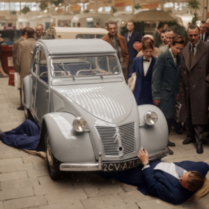 Photographie historique colorisée de 1958 montrant des hommes en costume allongés sur le sol pour inspecter le dessous d'une Citroën 2CV grise lors d'un salon automobile, entourés d'une foule curieuse.
