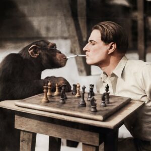 Photographie historique colorisée montrant un chimpanzé à lunettes jouant aux échecs contre un homme et partageant un feu de cigarette.