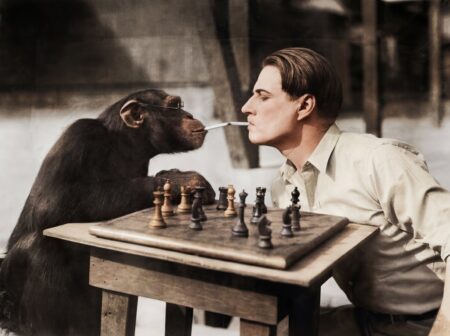 Photographie historique colorisée montrant un chimpanzé à lunettes jouant aux échecs contre un homme et partageant un feu de cigarette.