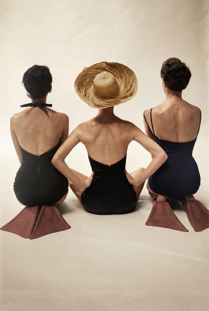 Élégance Rétro : Les baigneuses aux palmes Trois femmes de dos en maillots de bain vintage et palmes, celle du milieu portant un large chapeau de paille.