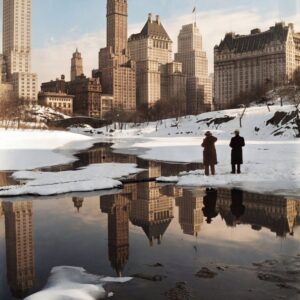 Photo vintage de 1933 montrant l'étang enneigé de Central Park, deux passants en manteau d'époque, et le reflet net des gratte-ciel de New York, dont le Plaza Hotel.
