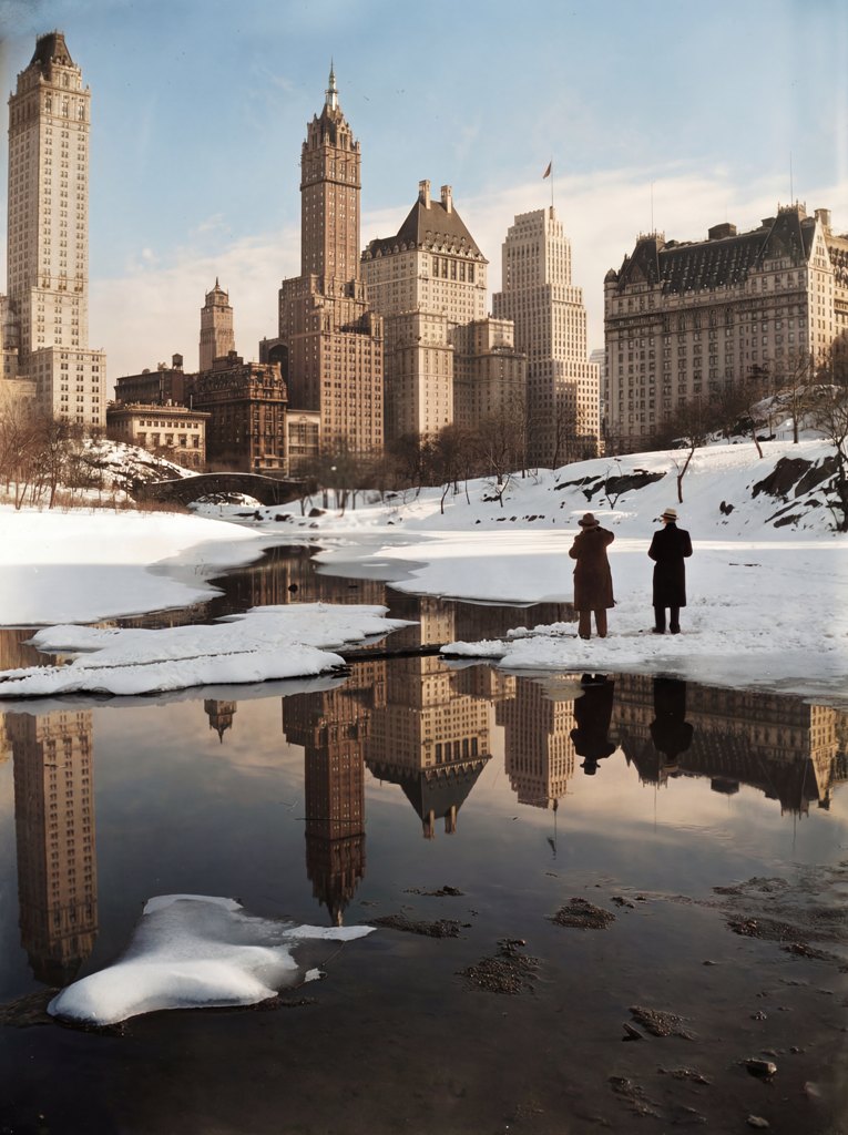 Photo vintage de 1933 montrant l'étang enneigé de Central Park, deux passants en manteau d'époque, et le reflet net des gratte-ciel de New York, dont le Plaza Hotel.