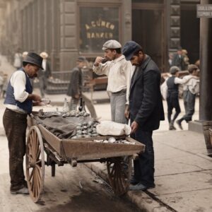 Clams & Street Food : Le Goût de 1930 | Fuzars Photographie historique colorisée de 1930 montrant trois hommes tenant un étal de rue proposant des clovisses fraîches ('CLAMS') dans une ville américaine. Le panneau indique 'OPEN AT ALL TIMES - CLAMS - 20c doz'. Architecture en briques et voitures d'époque en arrière-plan.