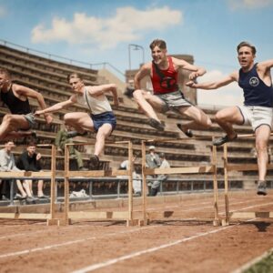 Sprint de Haies (1930) : Affiche Sport Vintage | Fuzars Photographie historique colorisée montrant quatre jeunes athlètes franchissant des haies en bois sur une piste d'athlétisme dans un stade des années 30.
