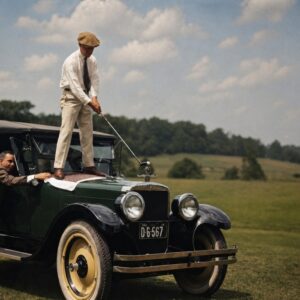 Affiche d’un golfeur qui joue depuis le capot de sa voiture en 1924 Photographie d'un golfeur qui swing depuis le capot de sa voiture dans les années 20