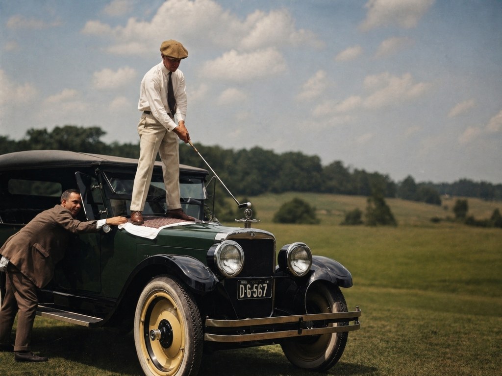 Affiche d’un golfeur qui joue depuis le capot de sa voiture en 1924 Photographie d'un golfeur qui swing depuis le capot de sa voiture dans les années 20