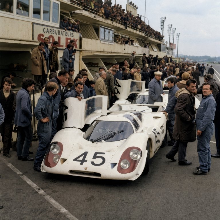 Porsche au Mans 1969 : Affiche Sport Automobile Vintage | Fuzars Photographie historique colorisée montrant deux voitures de course Porsche 908 blanches dans les stands du Mans en 1969, entourées de mécaniciens et de spectateurs.