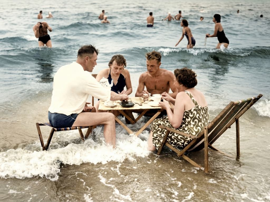 BDM27COU Affiche Pique-Nique Mer Vintage : photographie des années 30 montrant quatre personnes attablées dans l'eau de mer, prenant le thé ou le café au milieu des vagues sur une plage animée.