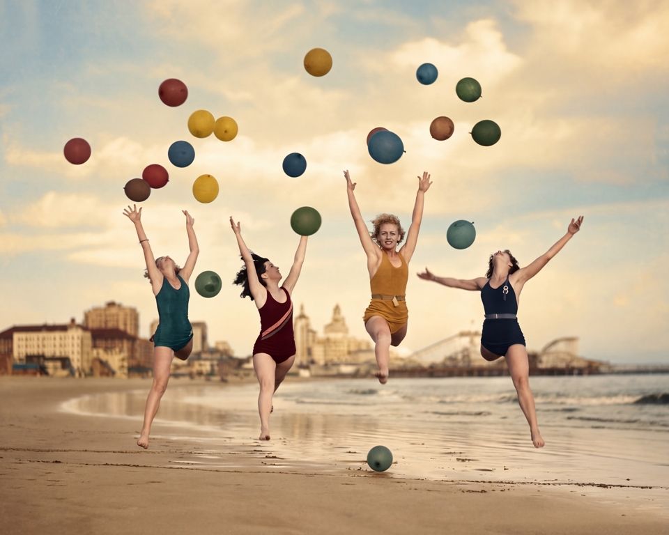 BDM39COUC Affiche Plage Vintage Joie : photographie d'art des années 30 montrant quatre femmes en maillot de bain sautant de joie sur une plage avec des ballons.
