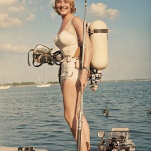 Affiche Plongeuse Vintage : photographie d’art colorisée des années 1950 montrant une femme en maillot de bain ivoire équipée d'un scaphandre autonome Aqua-Lung et d'un fusil-harpon au bord de l'océan.