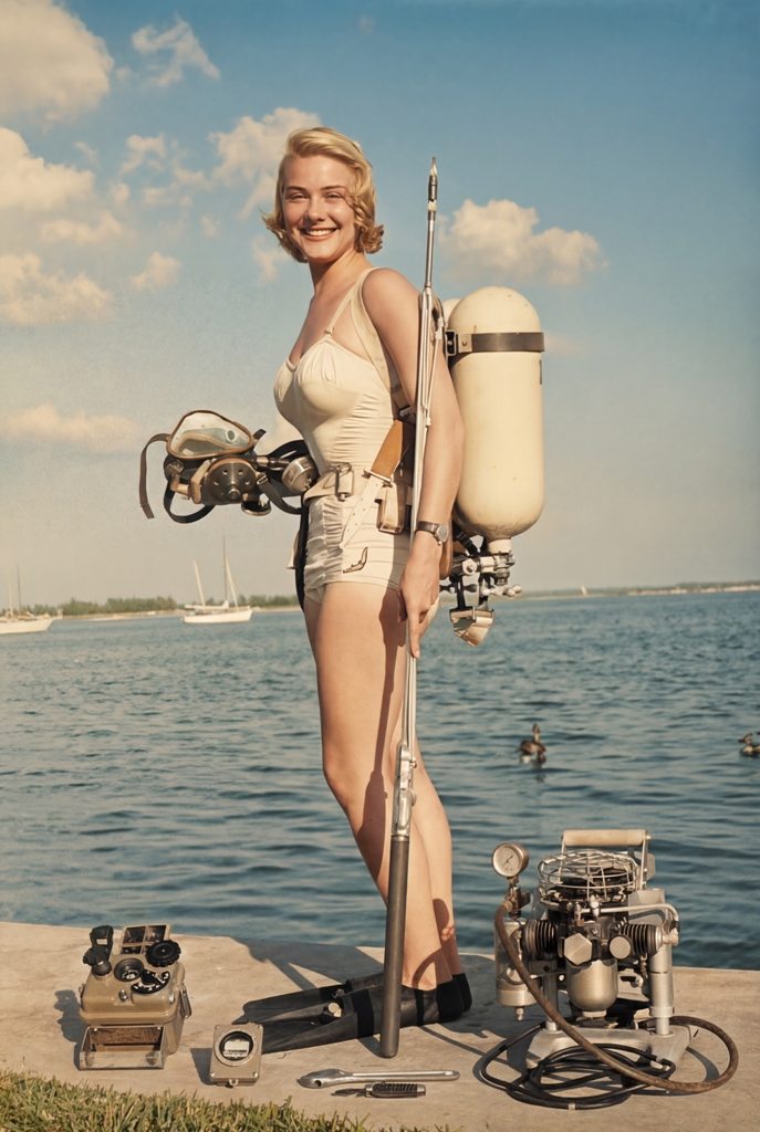 Affiche Plongeuse Vintage : photographie d’art colorisée des années 1950 montrant une femme en maillot de bain ivoire équipée d'un scaphandre autonome Aqua-Lung et d'un fusil-harpon au bord de l'océan.