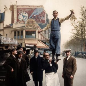Affiche Garçon Café Paris Vintage : photographie d'art colorisée de 1929 montrant un serveur parisien portant son collègue sur un plateau de service suite à un pari perdu, devant le Café Gérard