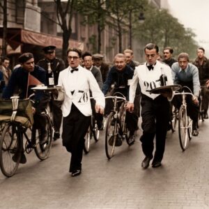 Affiche Course Garçons de Café Paris : photographie d'art colorisée de 1938 montrant deux serveurs en veste blanche courant avec des plateaux chargés au milieu de cyclistes et d'une foule dans une rue de Paris.