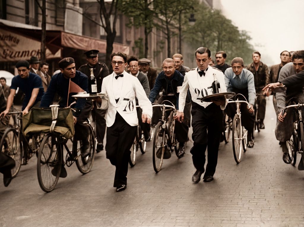PAR286COU Affiche Course Garçons de Café Paris : photographie d'art colorisée de 1938 montrant deux serveurs en veste blanche courant avec des plateaux chargés au milieu de cyclistes et d'une foule dans une rue de Paris.