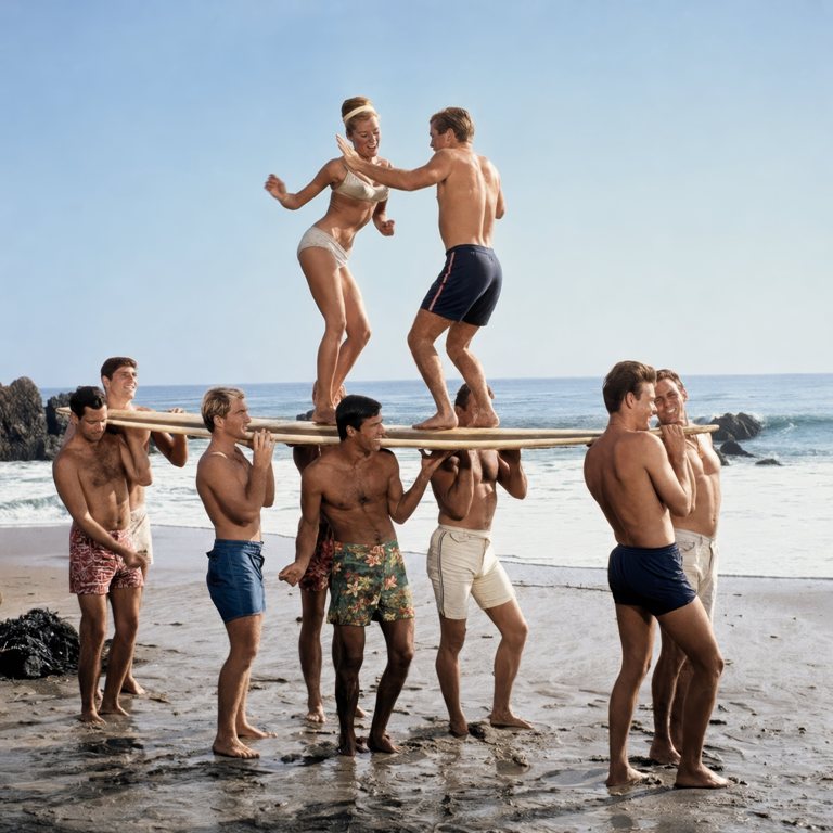image.png Affiche Surf Vintage Plage : photographie d'art des années 60 montrant un groupe de jeunes surfeurs portant une planche sur leurs épaules, avec un couple dansant en équilibre au-dessus d'eux sur le sable.