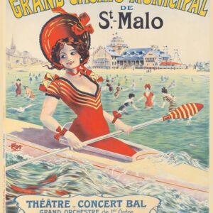Affiche casino Saint-Malo avec le Grand Casino Municipal, une femme en canot, la plage et les baigneurs
